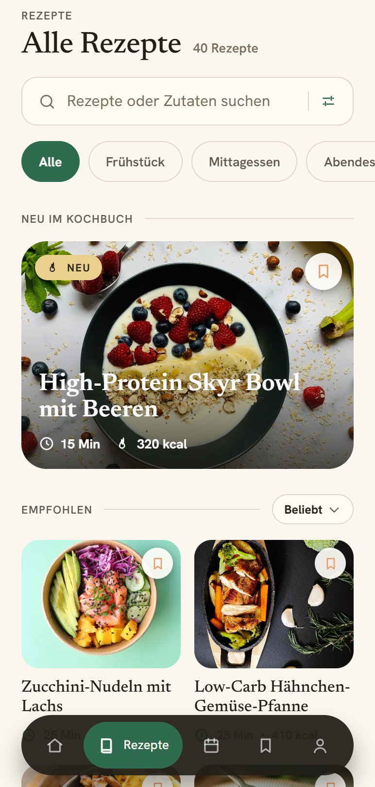 Rezeptübersicht mit 40 Rezepten, Kategoriefiltern und Kacheln mit Foto
