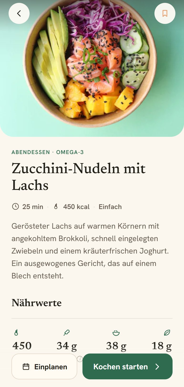 Rezeptseite mit großem Foto, Zeit, Nährwerten und den Knöpfen Einplanen und Kochen starten
