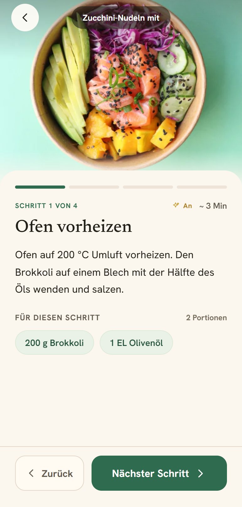 Kochmodus: Schritt 1 von 4 mit Fortschrittsbalken, Anweisung und den Zutaten für diesen Schritt