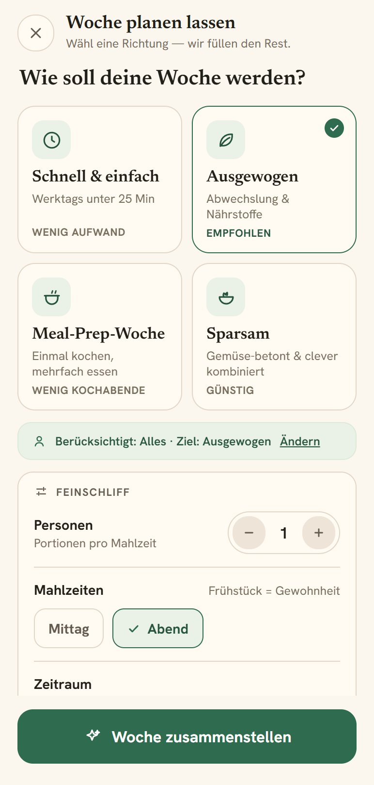Dialog „Woche planen lassen“ mit vier Richtungen zur Auswahl und Feineinstellungen für Personen und Mahlzeiten