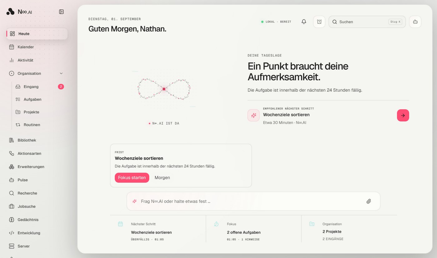 Startseite der Fassung 1.7.2 mit Begrüßung, Tageslage und empfohlenem nächsten Schritt